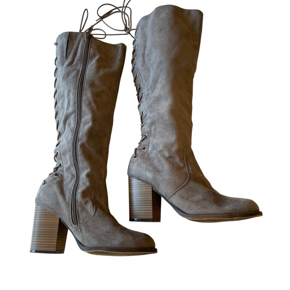 Solely Black By BKE Landon Tall Lace Back Heel Boots Knee High Size 7.5 Taupe